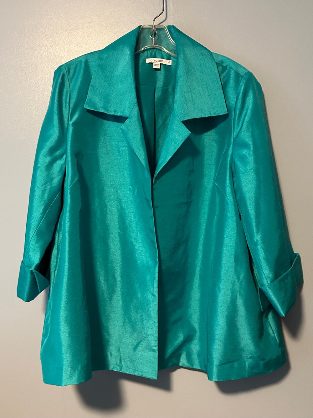 Chico's Teal Satin Open-Front Blazer Size 2 Large